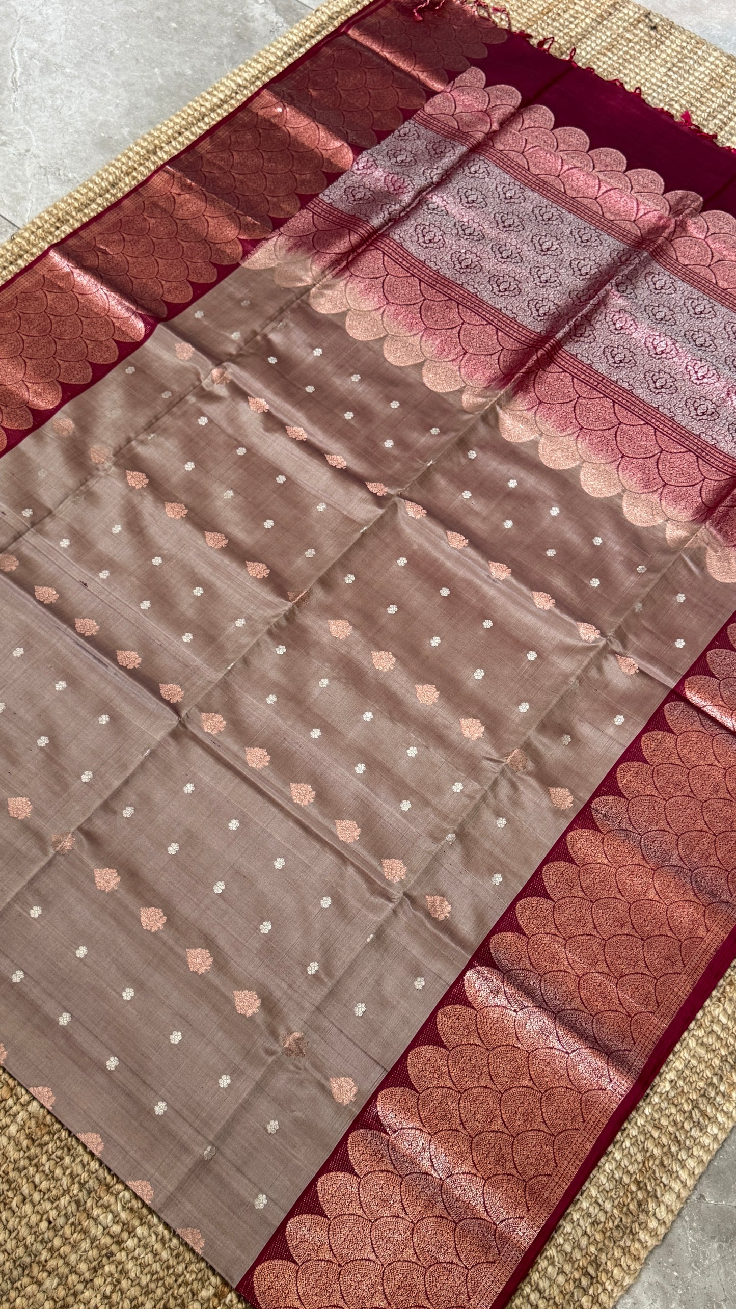 Nude & Maroon Pure Soft Silk Handloom Saree | Silk Mark Certified