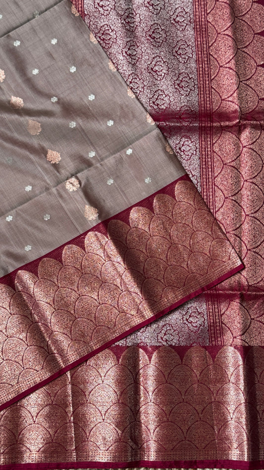Pure Soft Silk Handloom Saree – Nude with Maroon