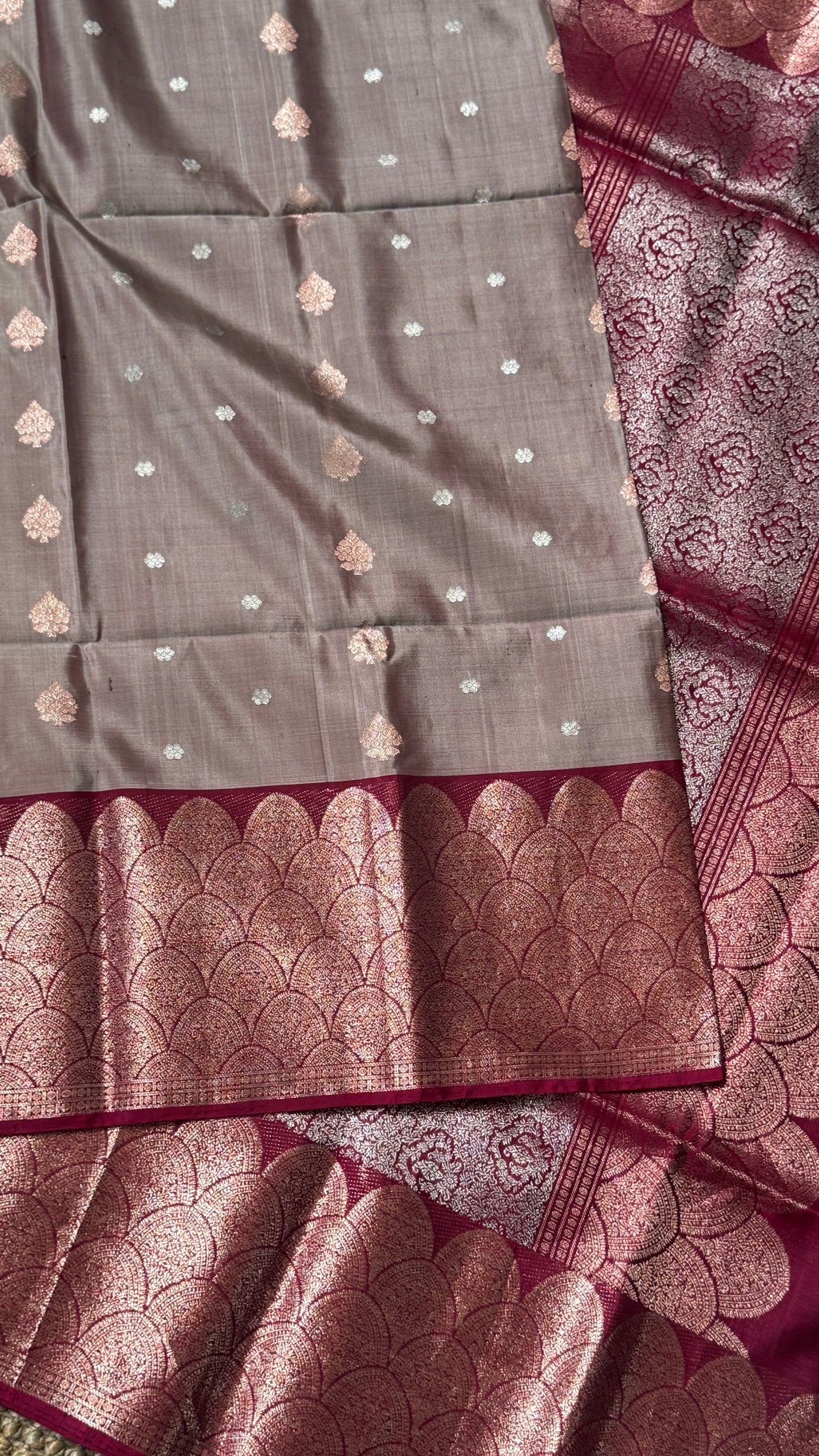 Nude & Maroon Pure Soft Silk Handloom Saree | Silk Mark Certified