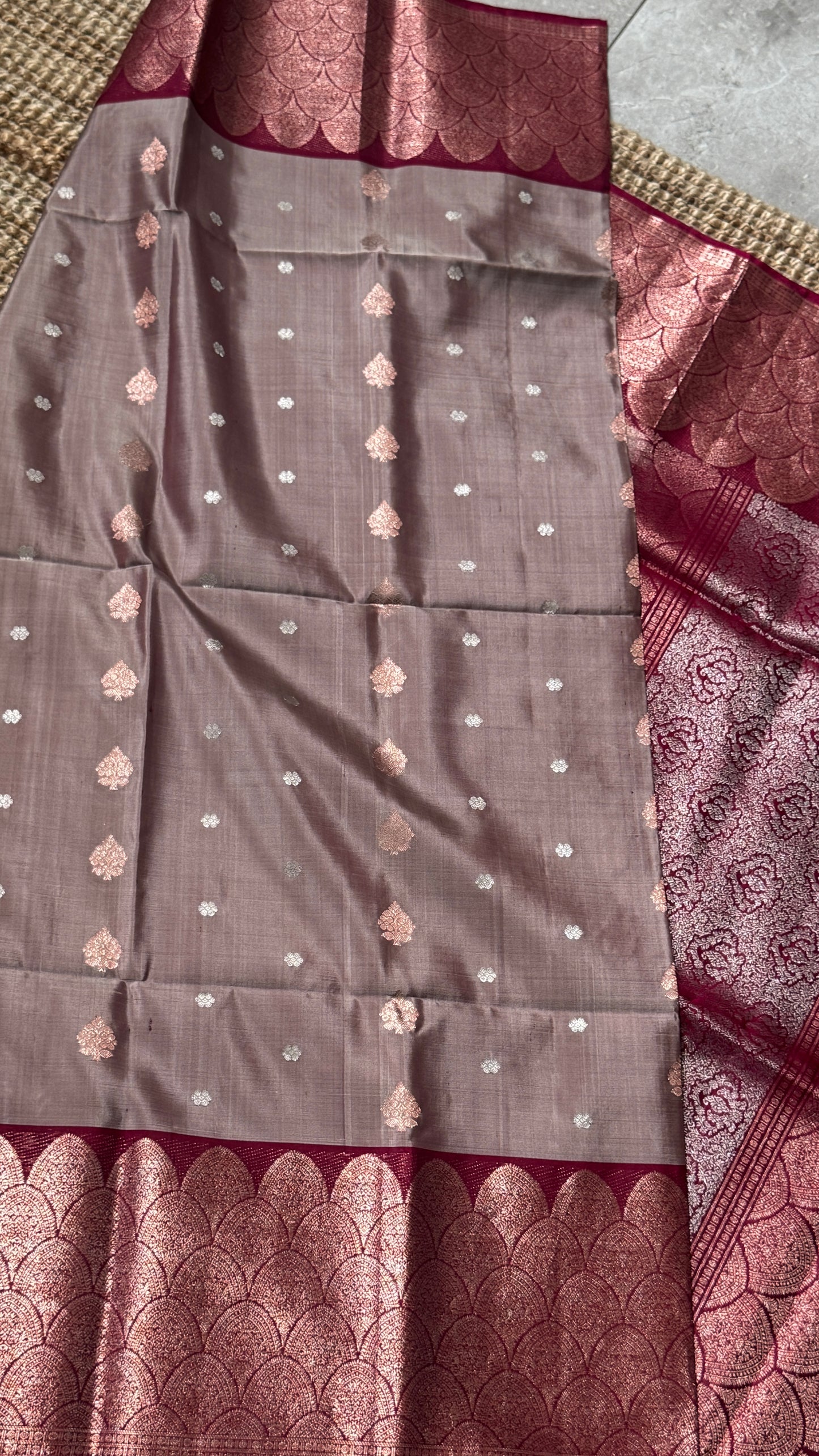 Nude & Maroon Pure Soft Silk Handloom Saree | Silk Mark Certified