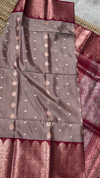 Nude & Maroon Pure Soft Silk Handloom Saree | Silk Mark Certified