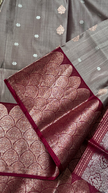 Nude & Maroon Pure Soft Silk Handloom Saree | Silk Mark Certified