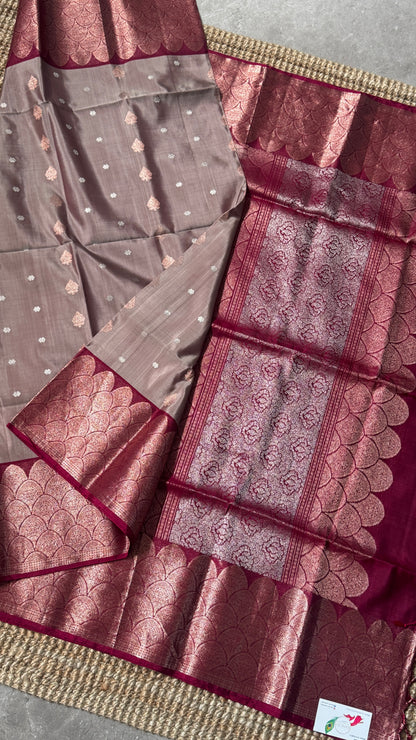 Nude & Maroon Pure Soft Silk Handloom Saree | Silk Mark Certified