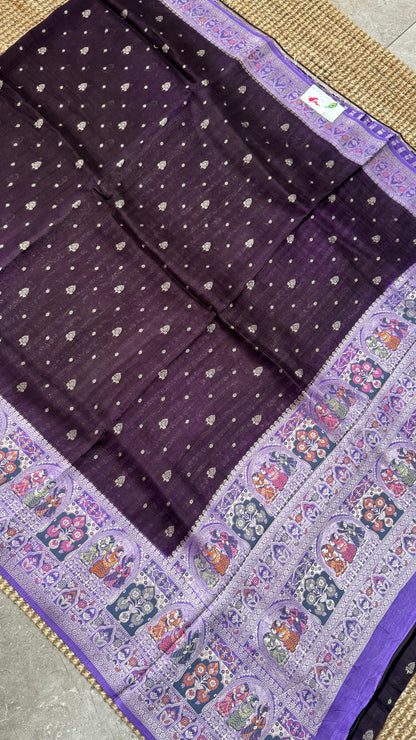 Tussar Banarasi Raw Silk Saree - Deep Violet with Lavender
