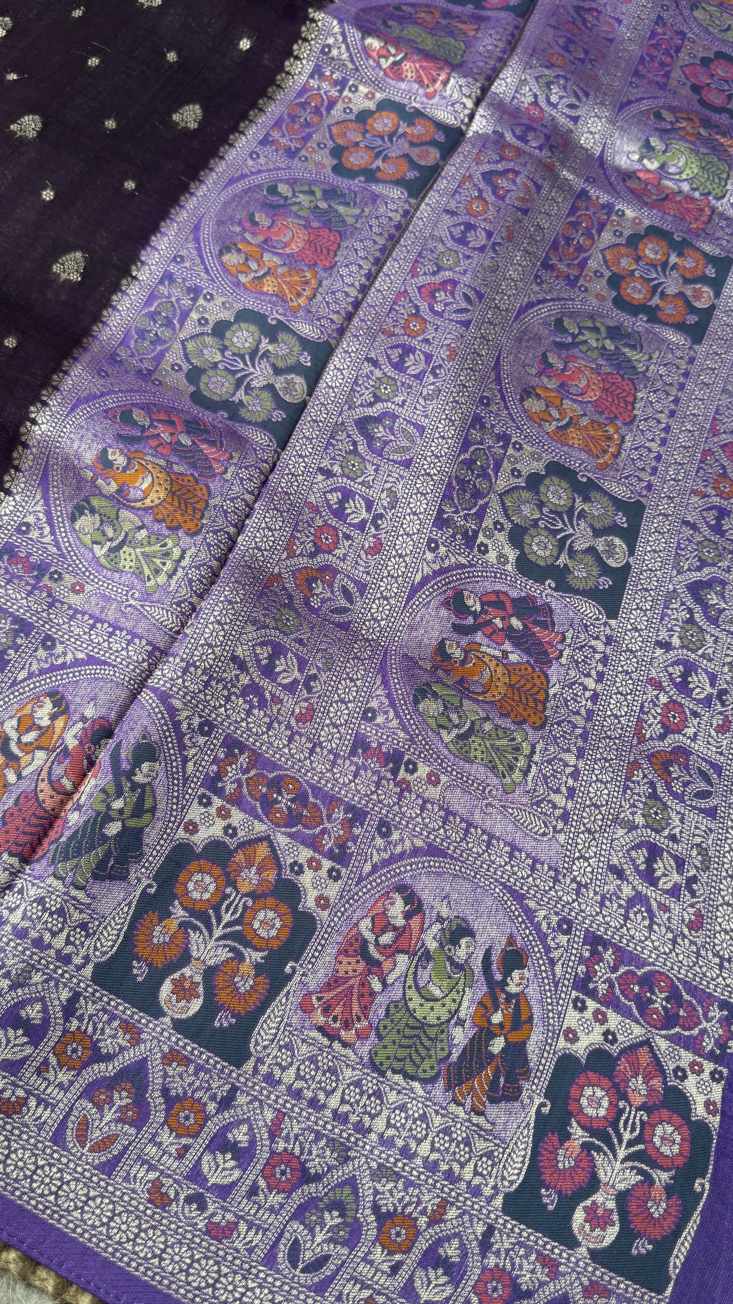 Tussar Banarasi Raw Silk Saree - Deep Violet with Lavender