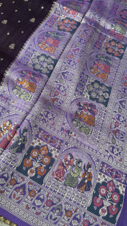 Tussar Banarasi Raw Silk Saree - Deep Violet with Lavender