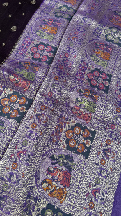 Tussar Banarasi Raw Silk Saree - Deep Violet with Lavender
