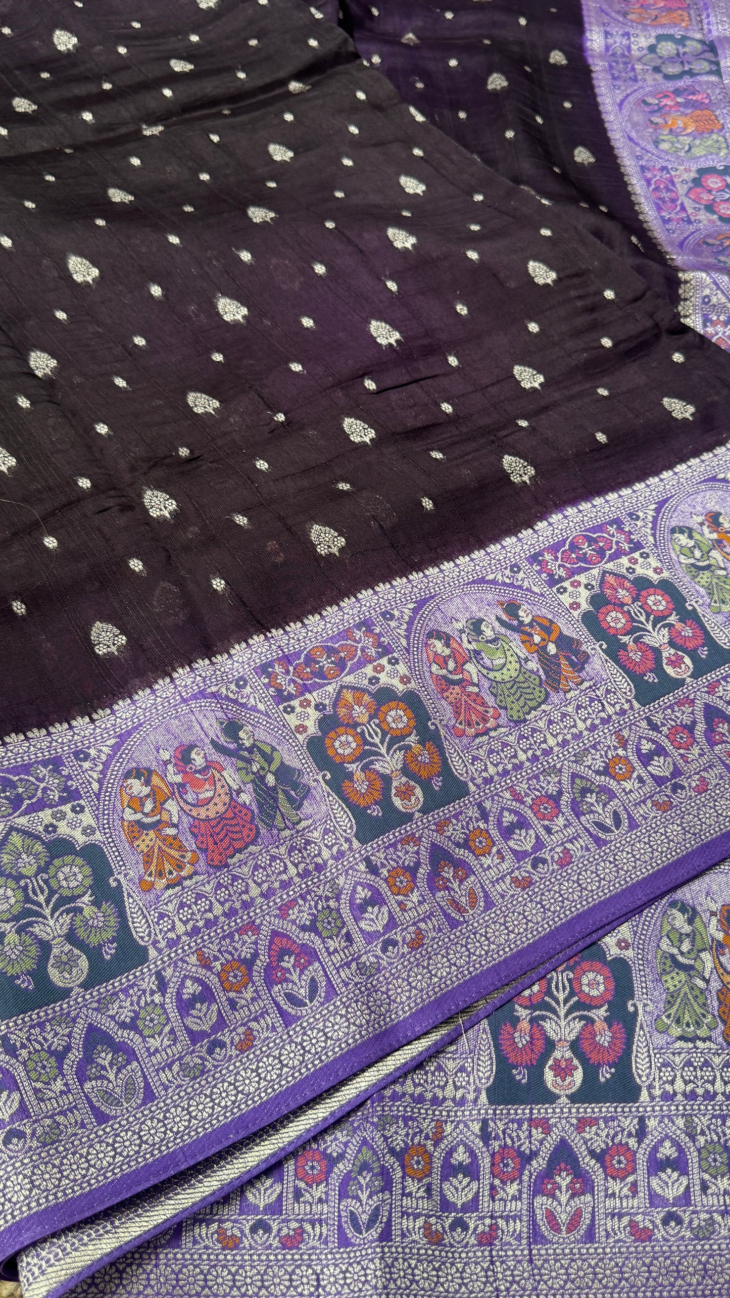 Tussar Banarasi Raw Silk Saree - Deep Violet with Lavender