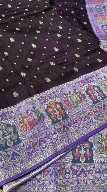 Tussar Banarasi Raw Silk Saree - Deep Violet with Lavender