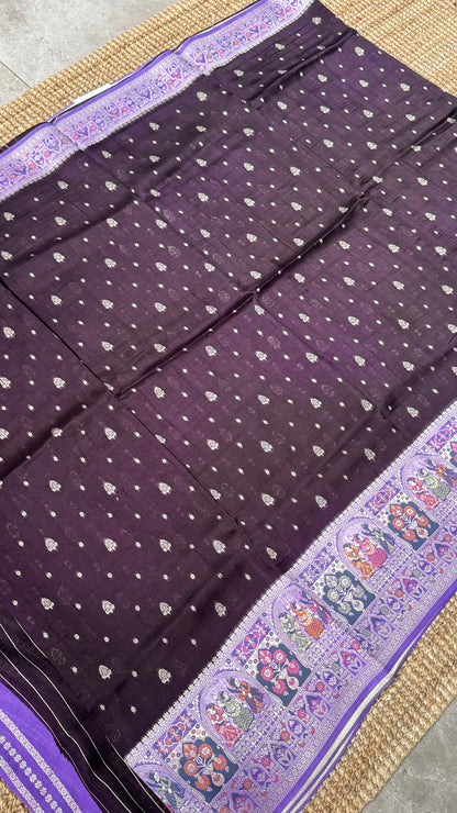 Tussar Banarasi Raw Silk Saree - Deep Violet with Lavender