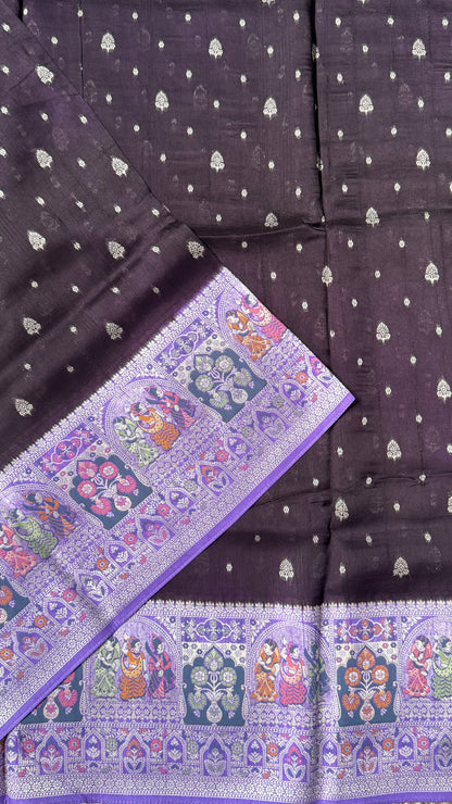 Tussar Banarasi Raw Silk Saree - Deep Violet with Lavender