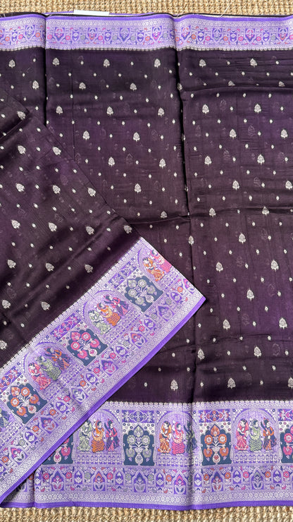 Tussar Banarasi Raw Silk Saree - Deep Violet with Lavender