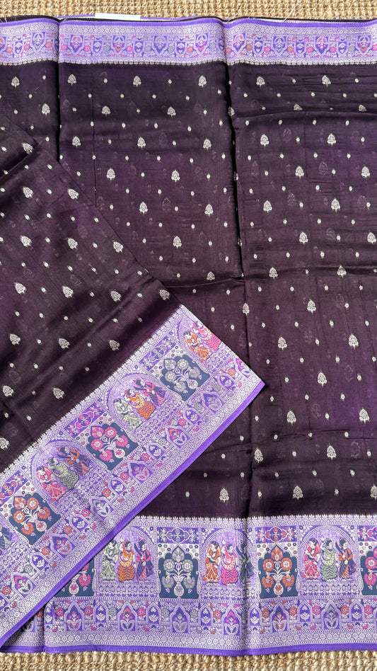 Tussar Banarasi Raw Silk Saree - Deep Violet with Lavender