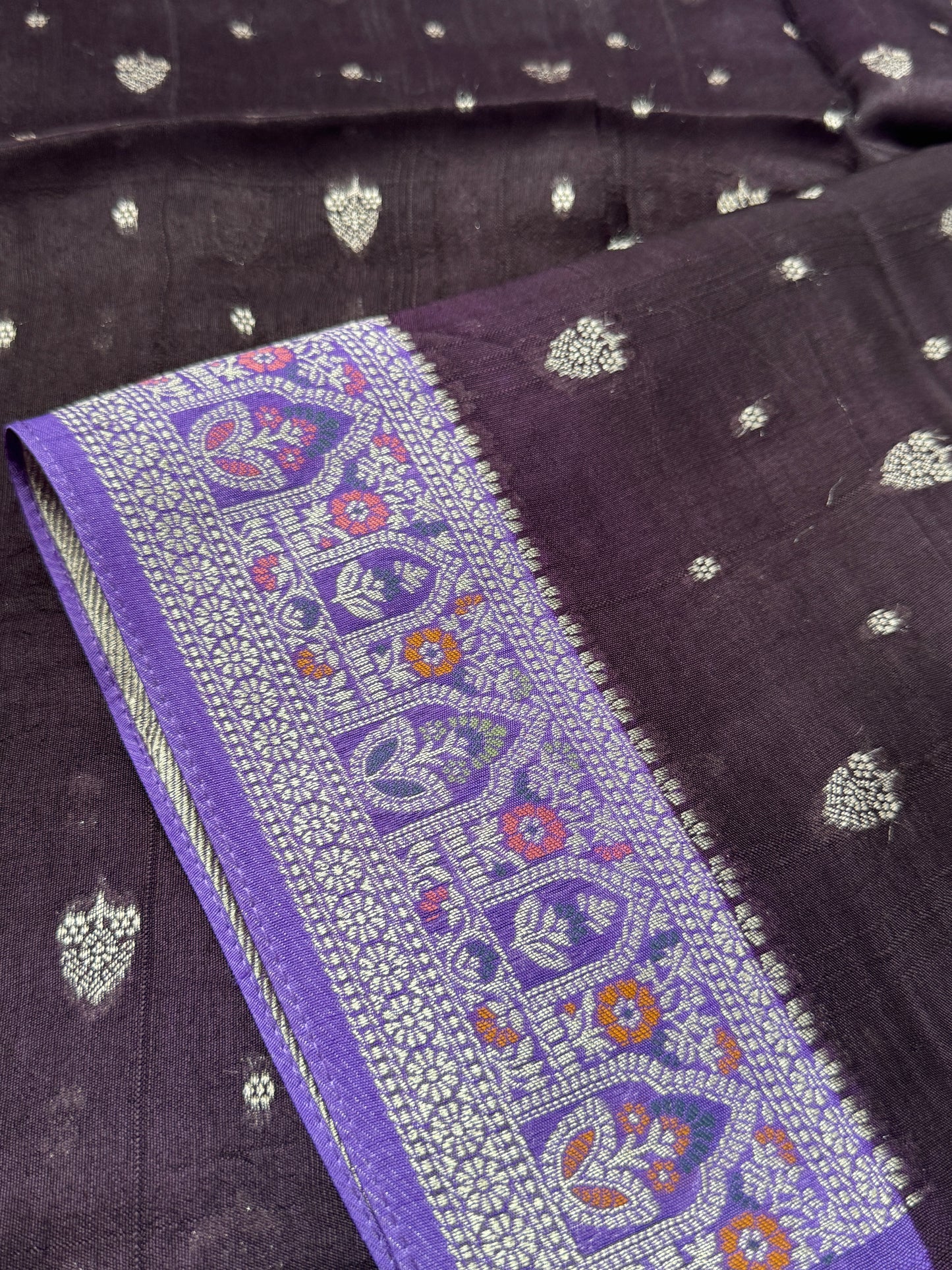 Tussar Banarasi Raw Silk Saree - Deep Violet with Lavender