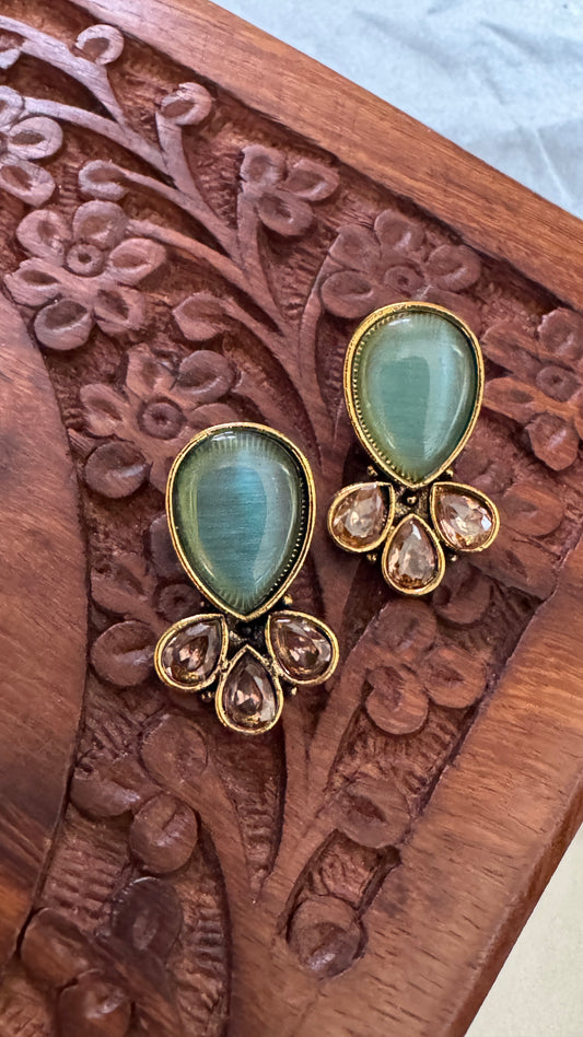 Antique Black Gold Finish Stud with Mint Green Stone stud