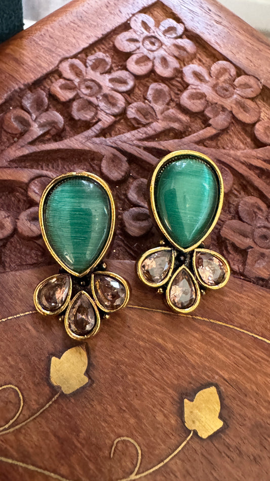 Antique Black Gold Finish Stud with Sea Green Stone stud
