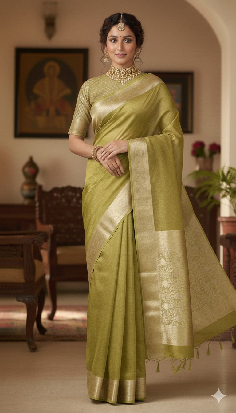 Pure Tissue Silk Saree - Light Olive Green