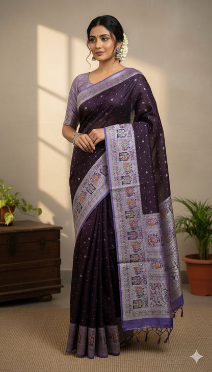 Tussar Banarasi Raw Silk Saree - Deep Violet with Lavender