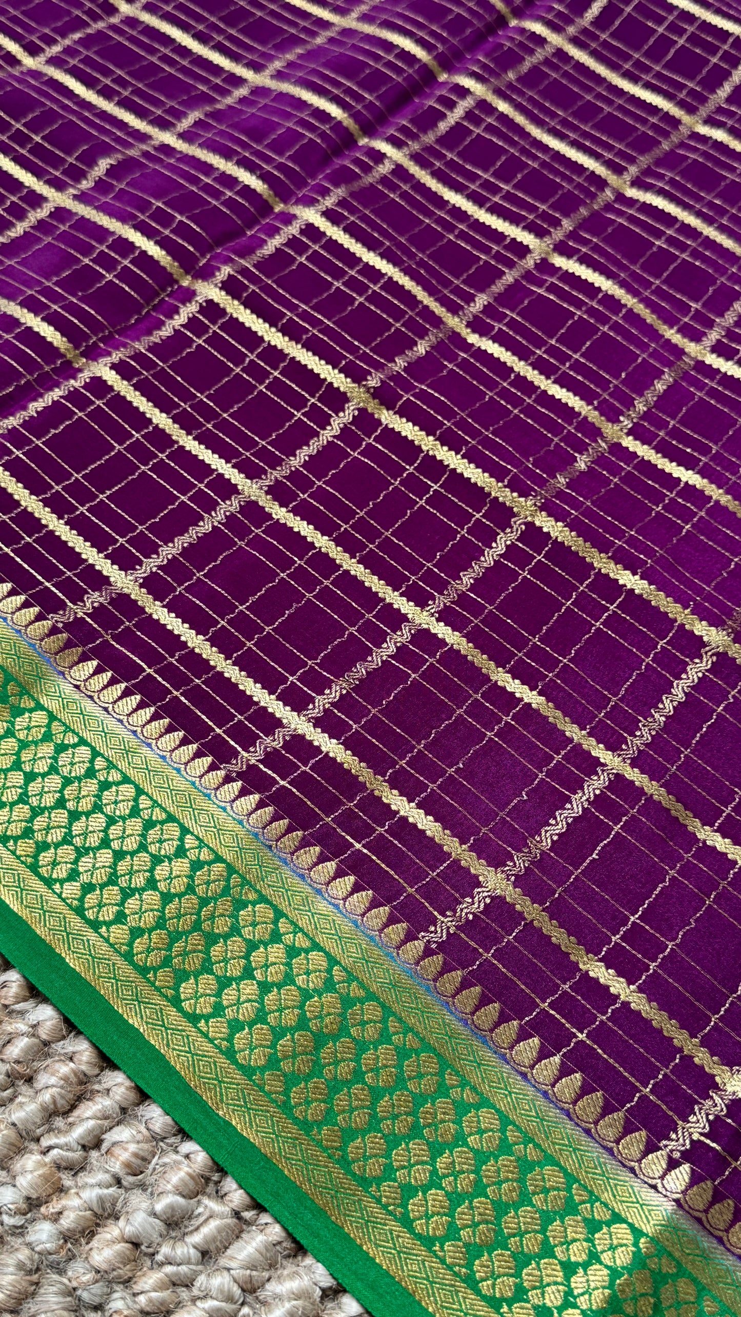 Pure Crepe Mysore Checkered Silk Sarees - Purple with Green