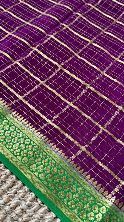Pure Crepe Mysore Checkered Silk Sarees - Purple with Green