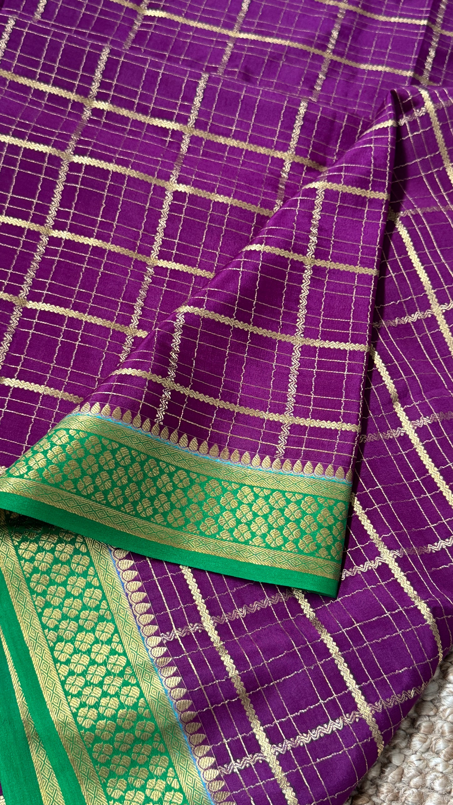Pure Crepe Mysore Checkered Silk Sarees - Purple with Green
