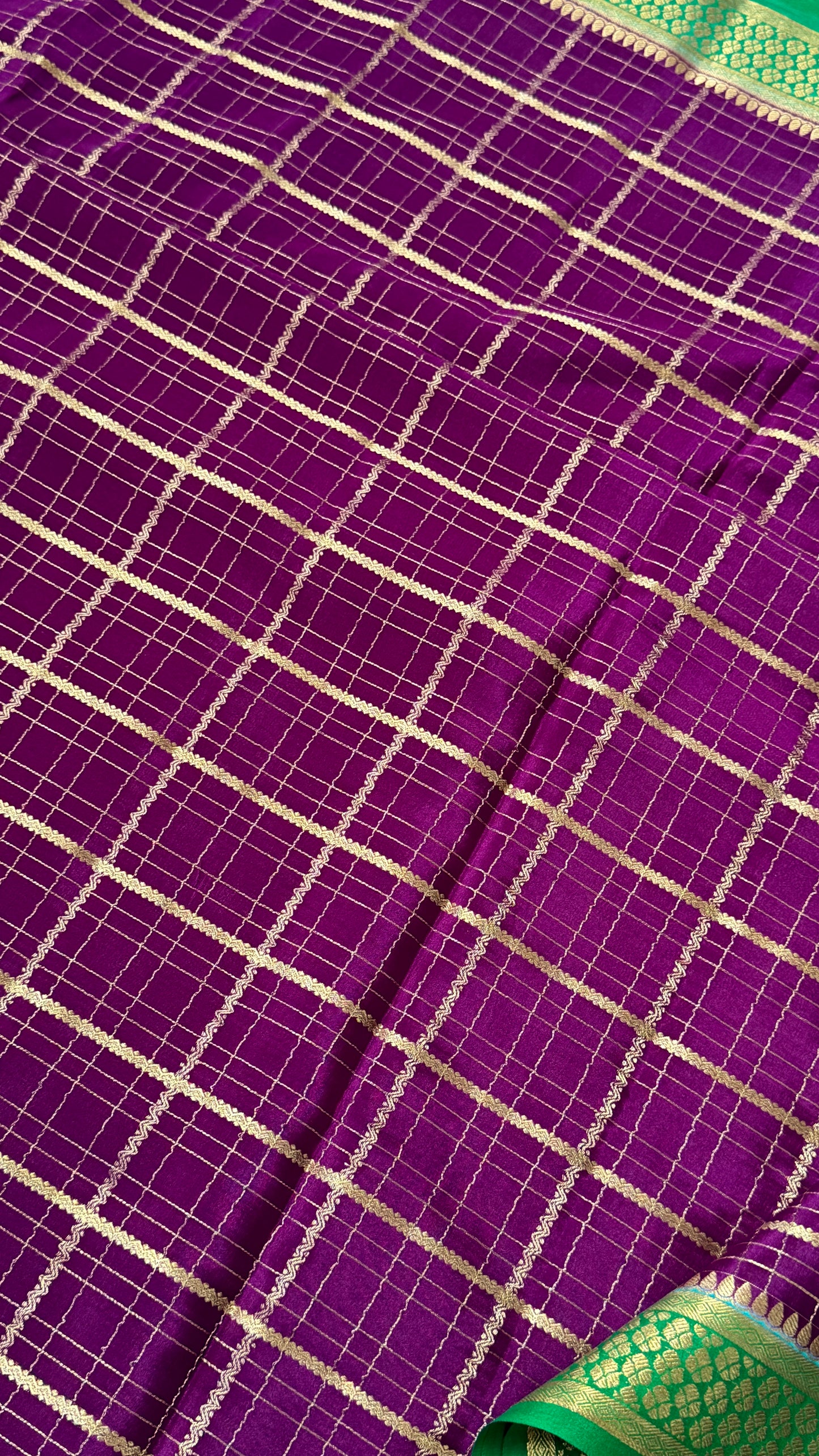 Pure Crepe Mysore Checkered Silk Sarees - Purple with Green