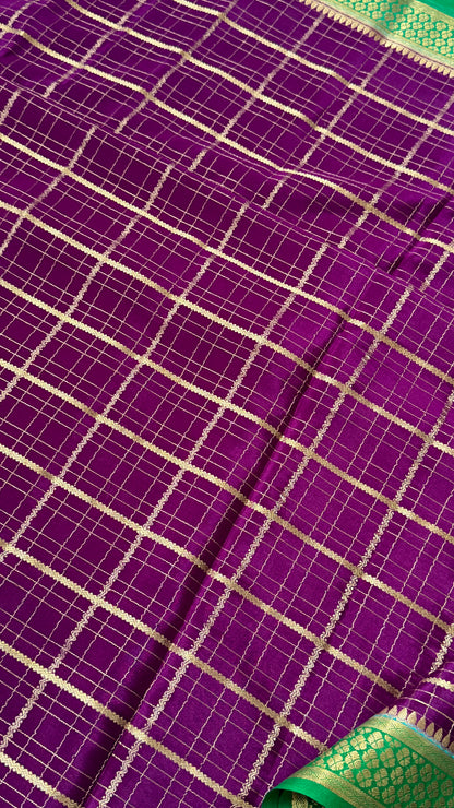 Pure Crepe Mysore Checkered Silk Sarees - Purple with Green