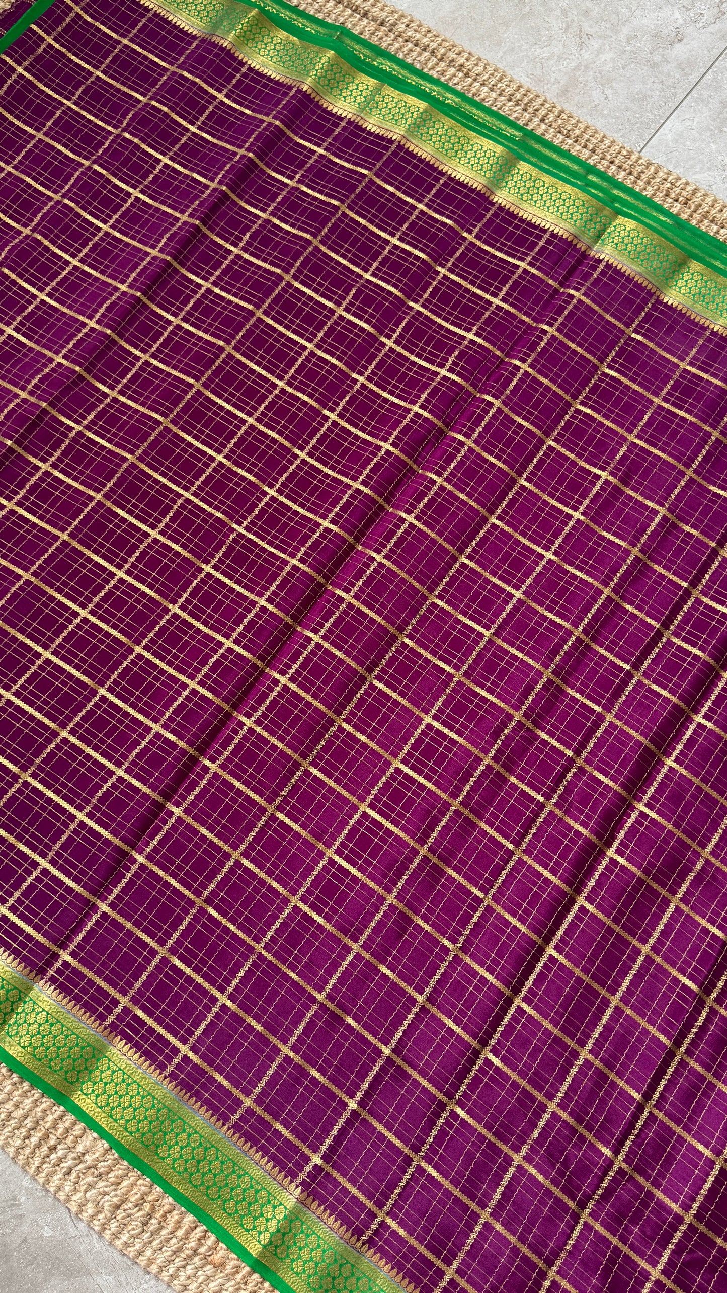Pure Crepe Mysore Checkered Silk Sarees - Purple with Green