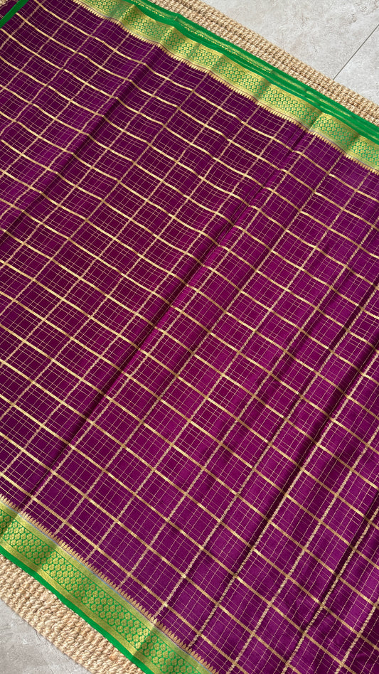 Pure Crepe Mysore Checkered Silk Sarees - Purple with Green