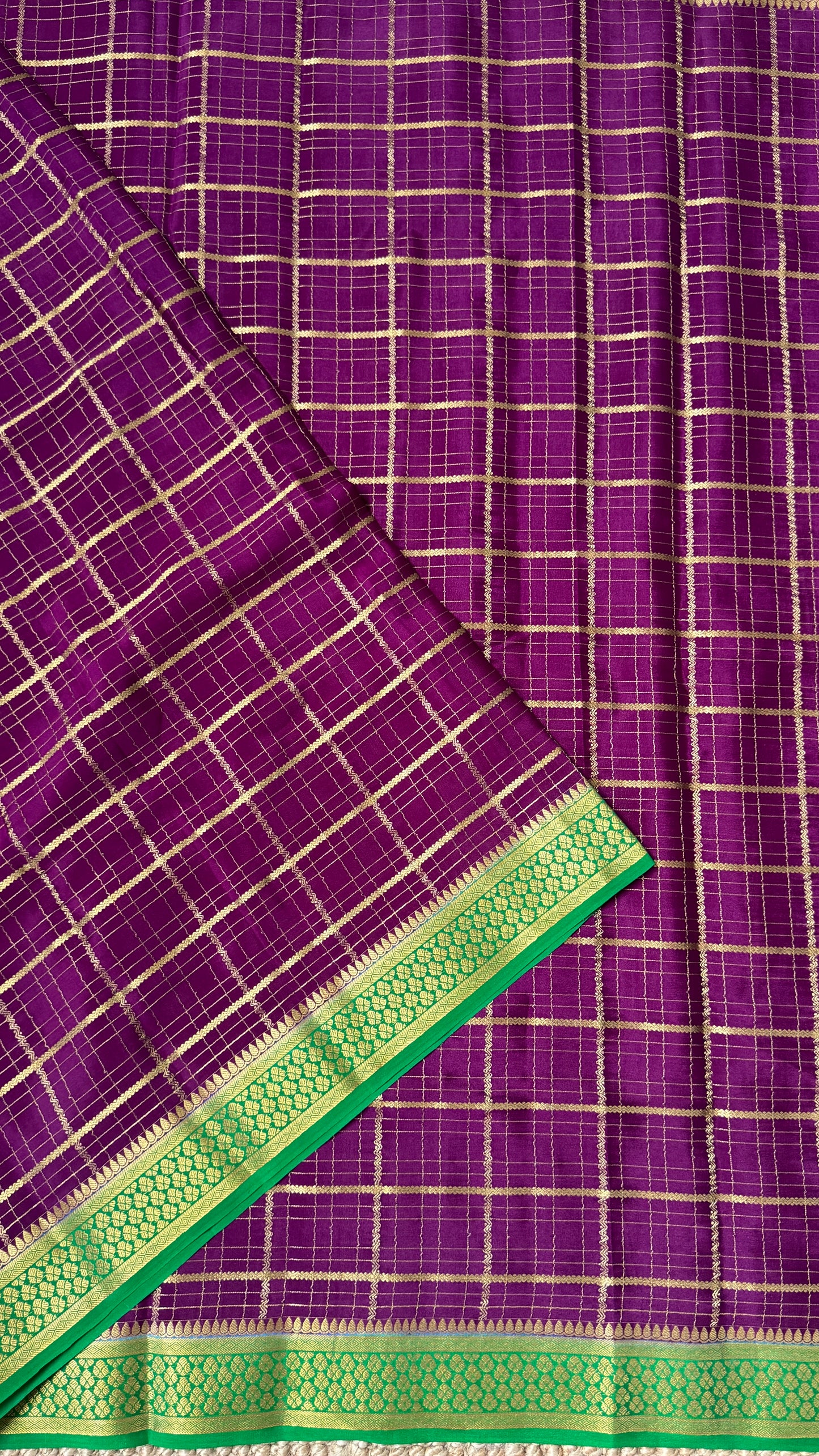 Pure Crepe Mysore Checkered Silk Sarees - Purple with Green