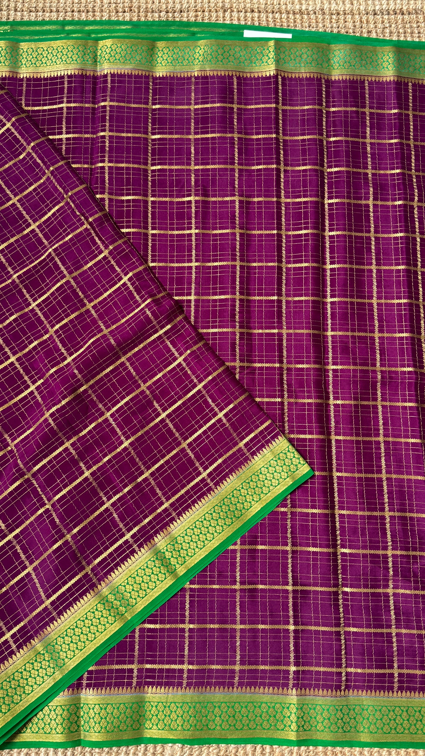 Pure Crepe Mysore Checkered Silk Sarees - Purple with Green