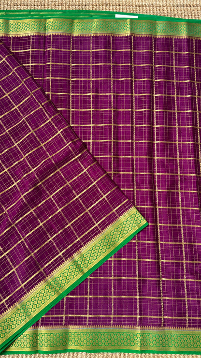 Pure Crepe Mysore Checkered Silk Sarees - Purple with Green