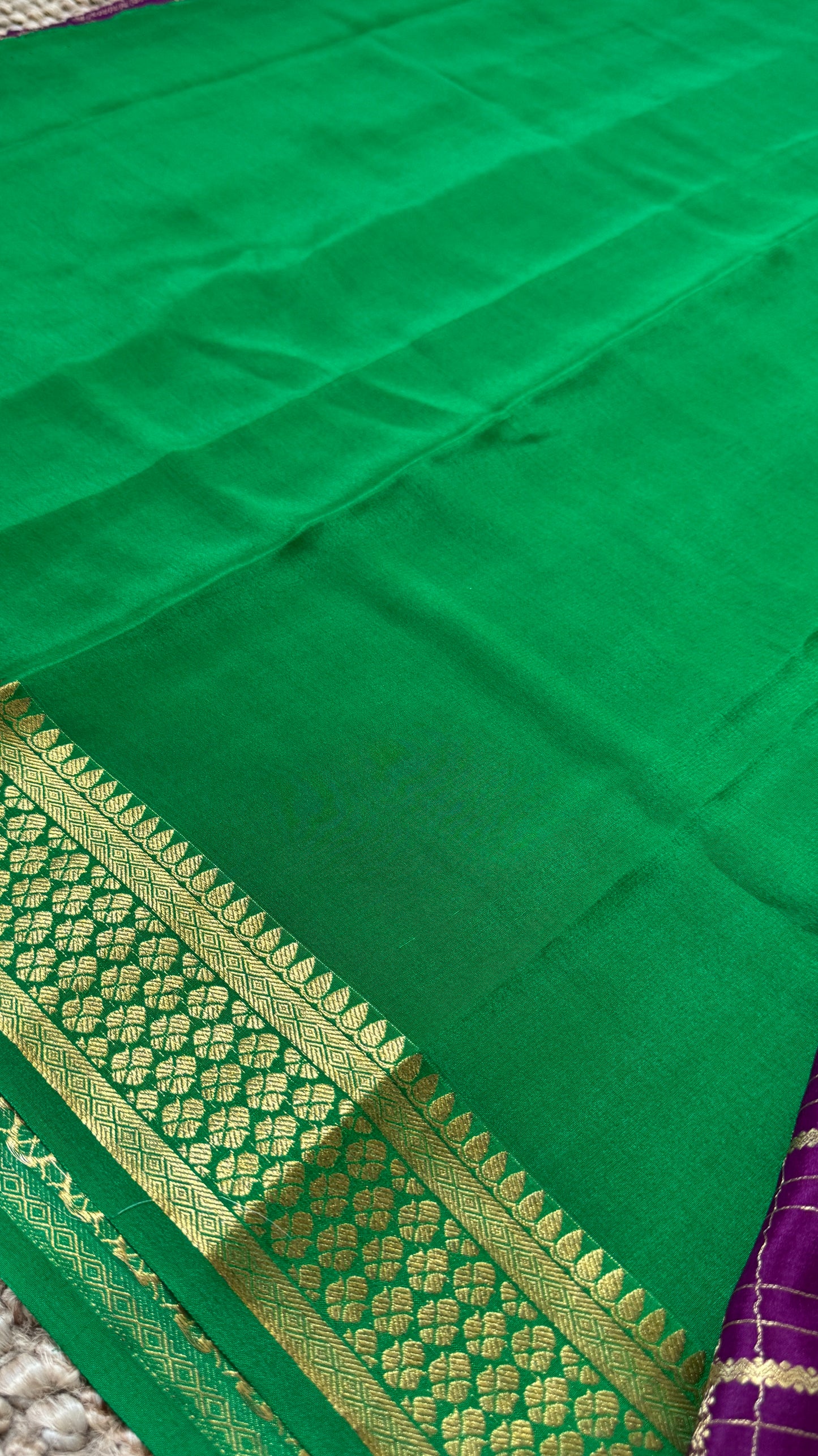 Pure Crepe Mysore Checkered Silk Sarees - Purple with Green
