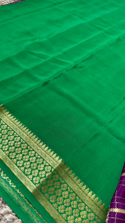 Pure Crepe Mysore Checkered Silk Sarees - Purple with Green