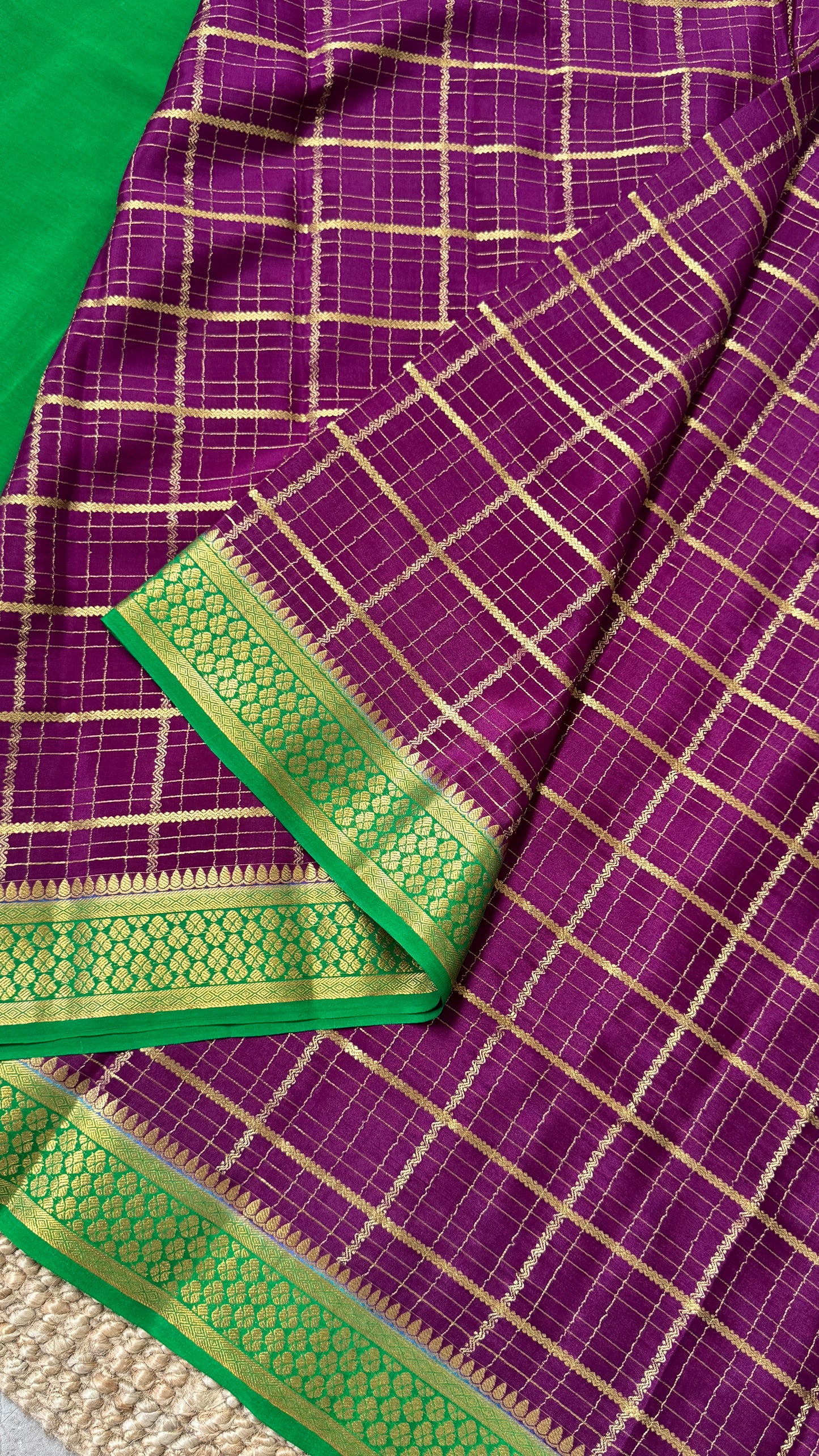 Pure Crepe Mysore Checkered Silk Sarees - Purple with Green