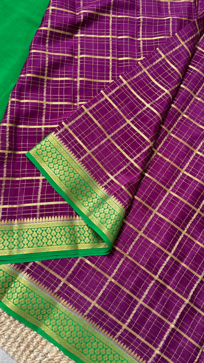 Pure Crepe Mysore Checkered Silk Sarees - Purple with Green
