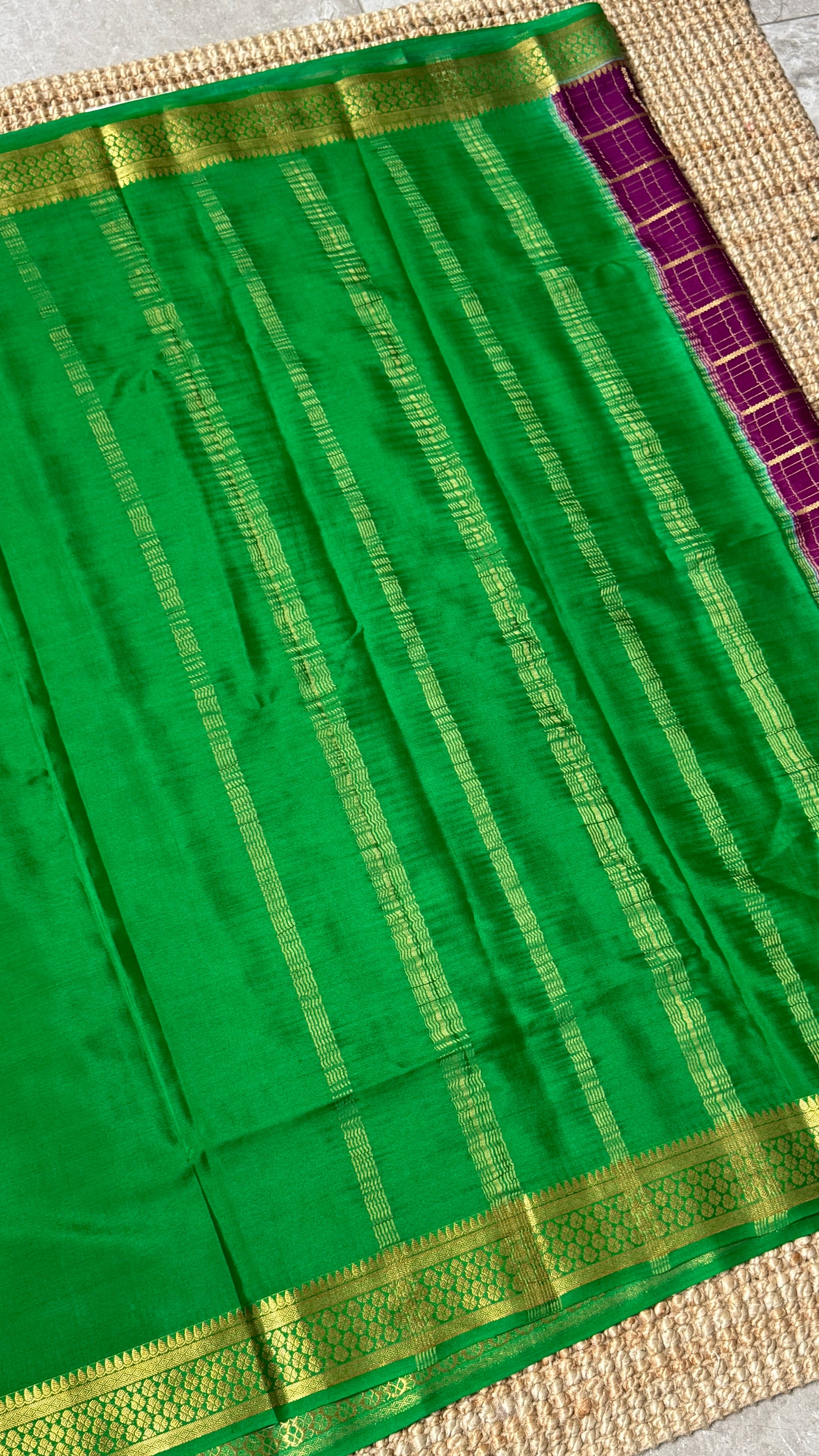 Pure Crepe Mysore Checkered Silk Sarees - Purple with Green