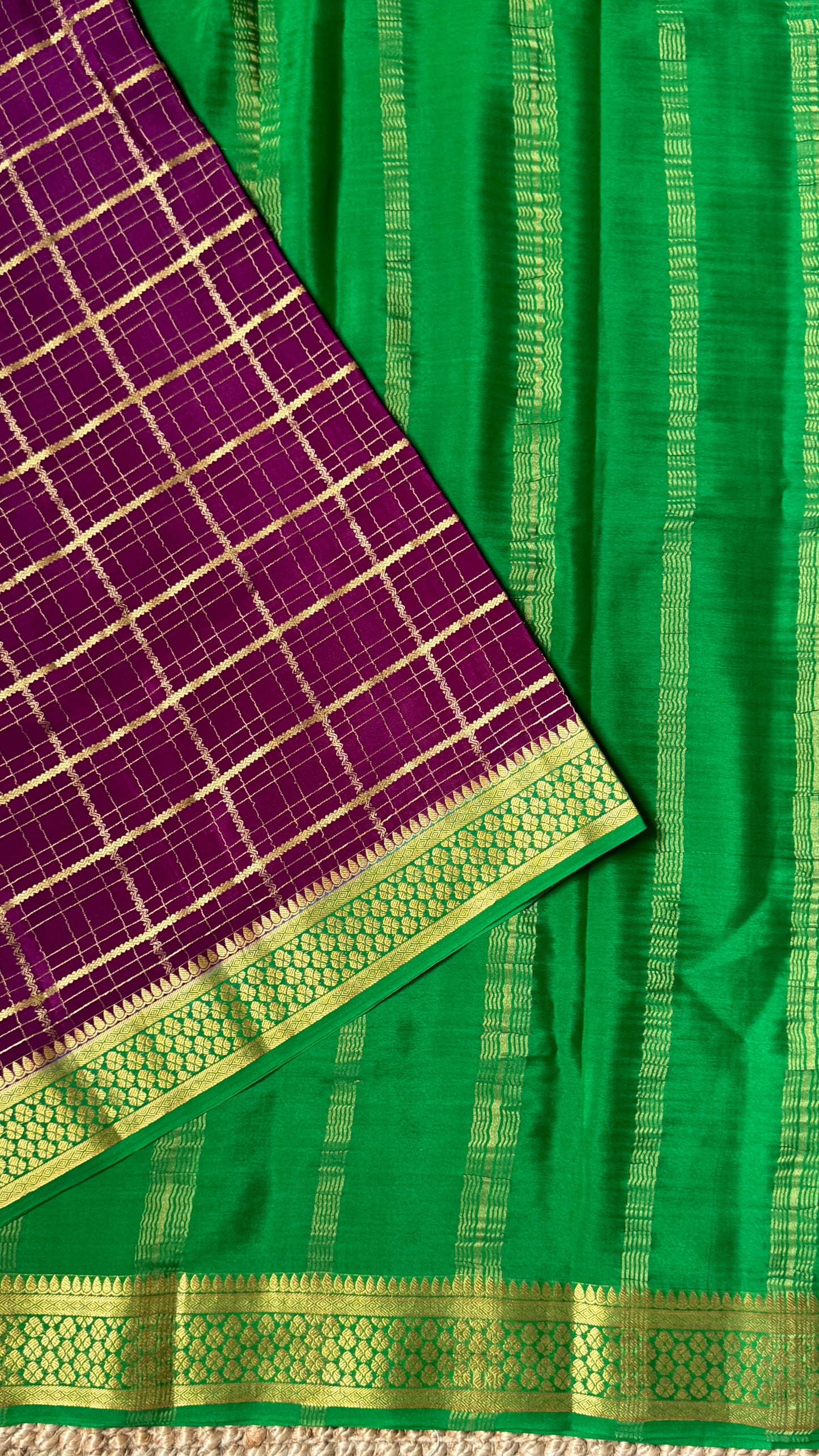 Pure Crepe Mysore Checkered Silk Sarees - Purple with Green