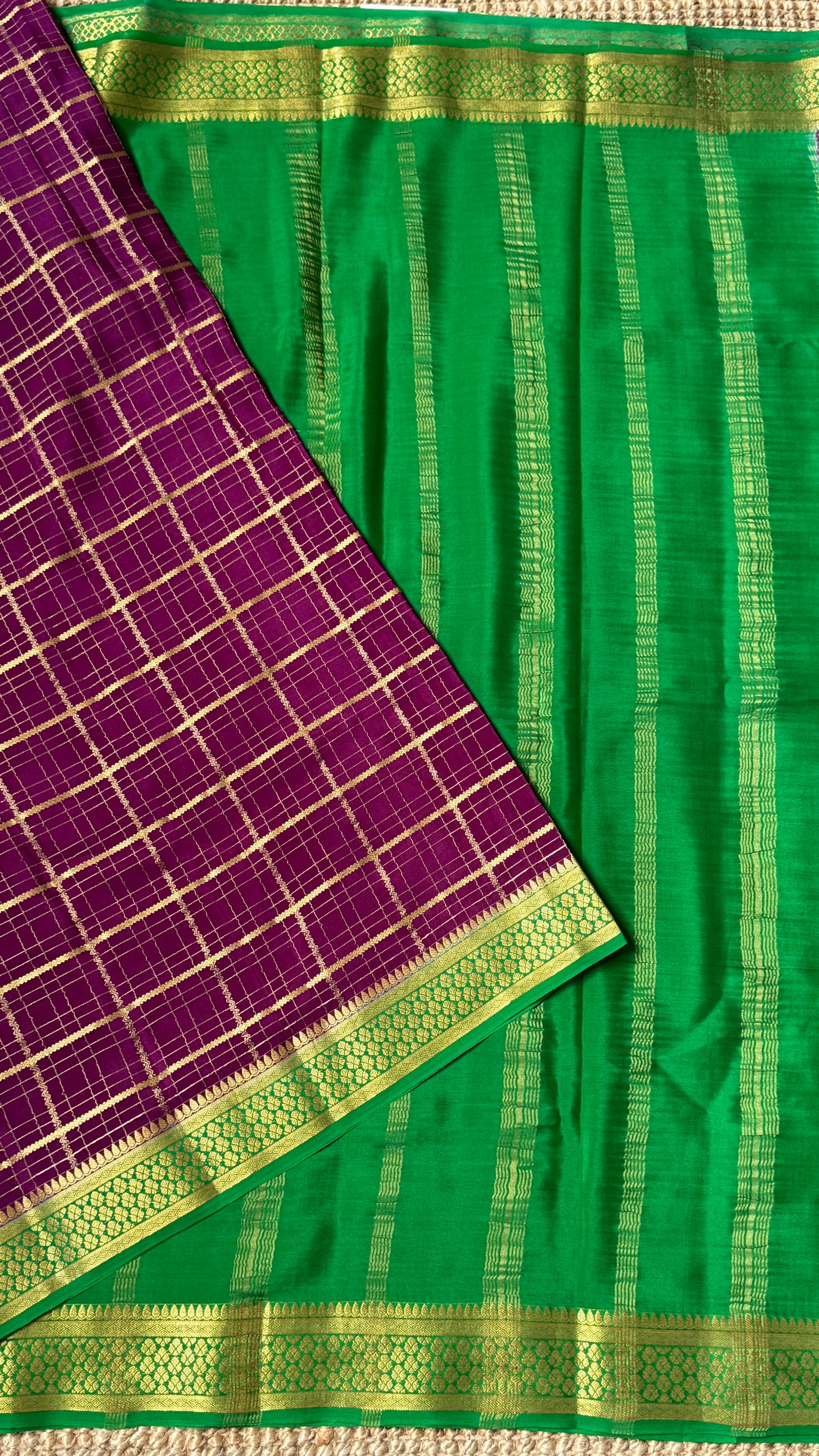 Pure Crepe Mysore Checkered Silk Sarees - Purple with Green