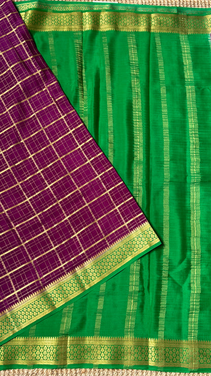 Pure Crepe Mysore Checkered Silk Sarees - Purple with Green