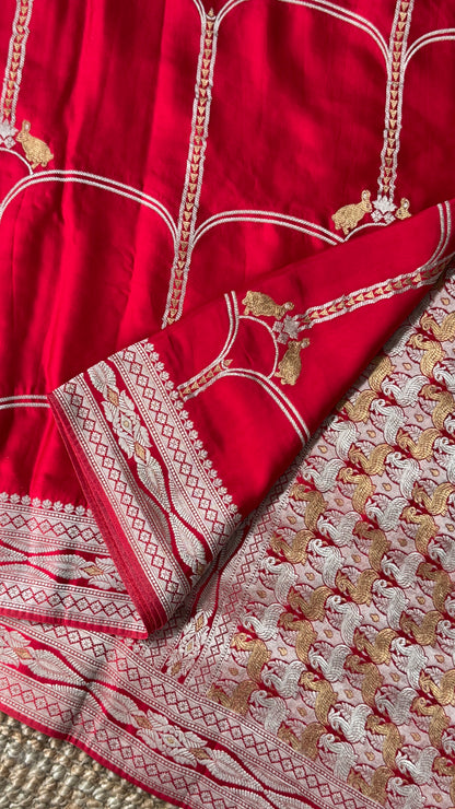 Pure Mashru Satin Silk Banarasi Saree - Crimson Red