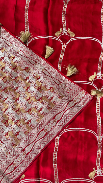 Pure Mashru Satin Silk Banarasi Saree - Crimson Red