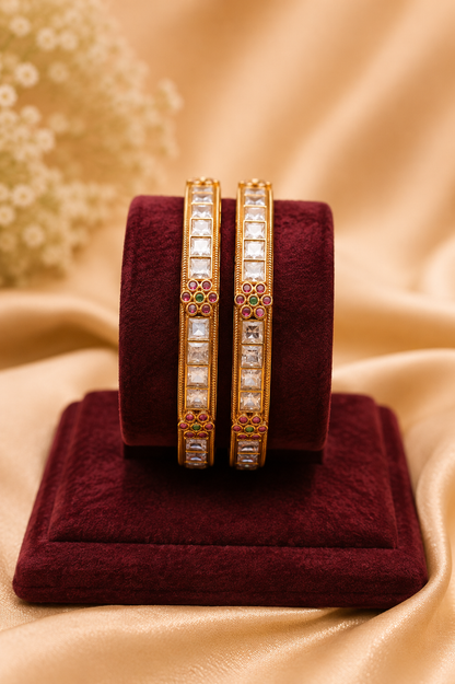 Antique White Stone Bangles – Set of 2 with Emerald Detailing