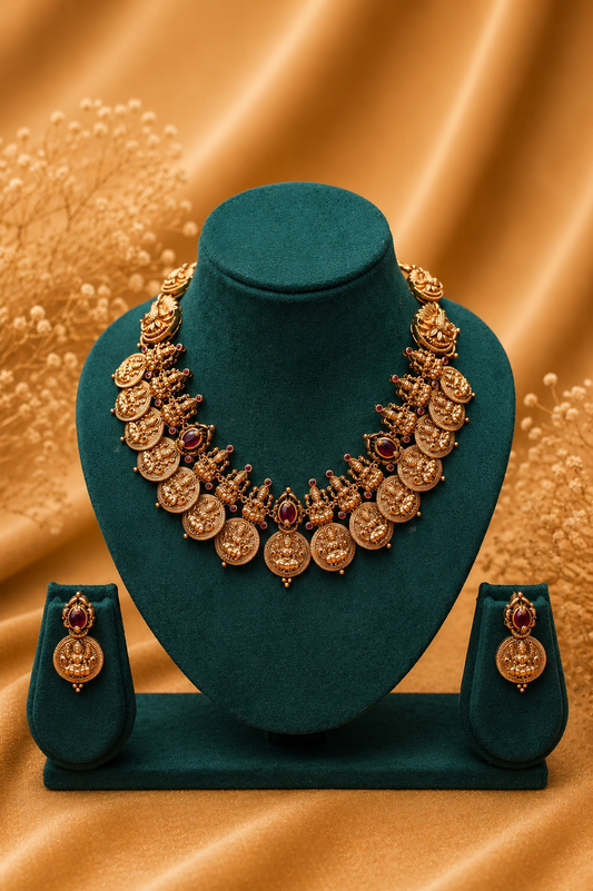 Antique Gold-Plated Lakshmi Coin Mala Choker Necklace Set with Ruby Accents