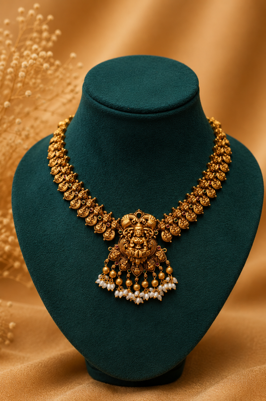 Antique Gold-Plated Lakshmi Pendant Necklace Set with Pearl Danglings