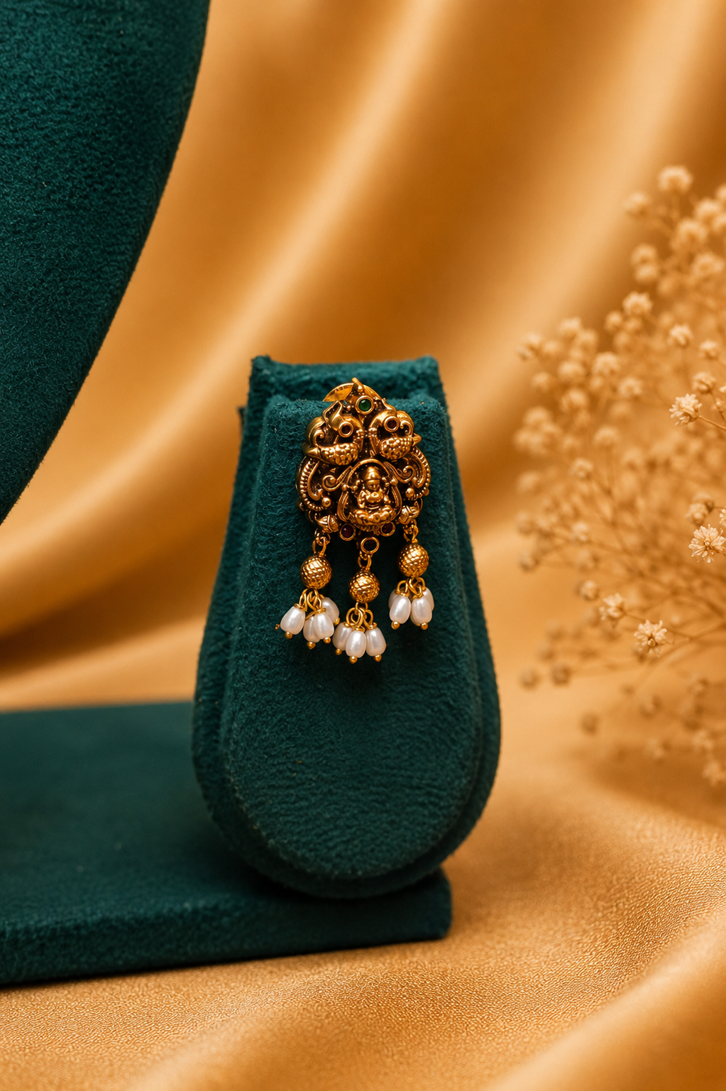 Antique Gold-Plated Lakshmi Pendant Necklace Set with Pearl Danglings