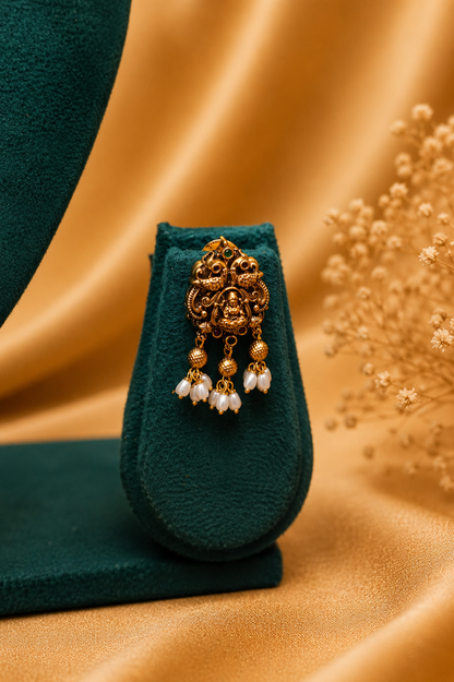 Antique Gold-Plated Lakshmi Pendant Necklace Set with Pearl Danglings