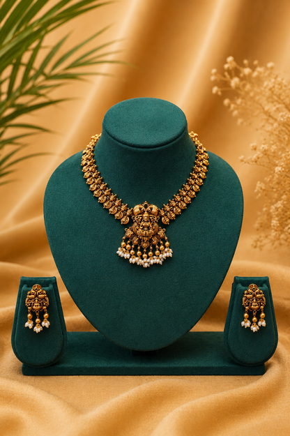 Antique Gold-Plated Lakshmi Pendant Necklace Set with Pearl Danglings