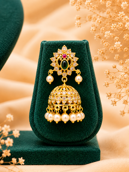 Antique Gold-Plated Designer Necklace Set with Pearl Jhumkas