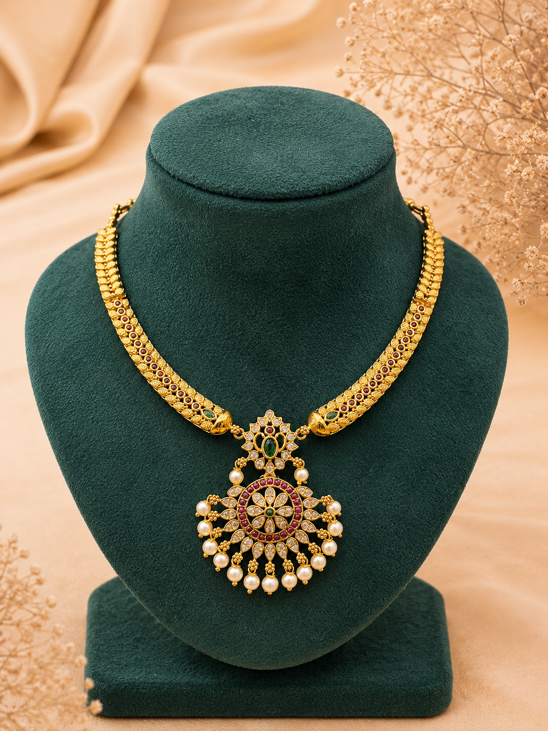 Antique Gold-Plated Designer Necklace Set with Pearl Jhumkas